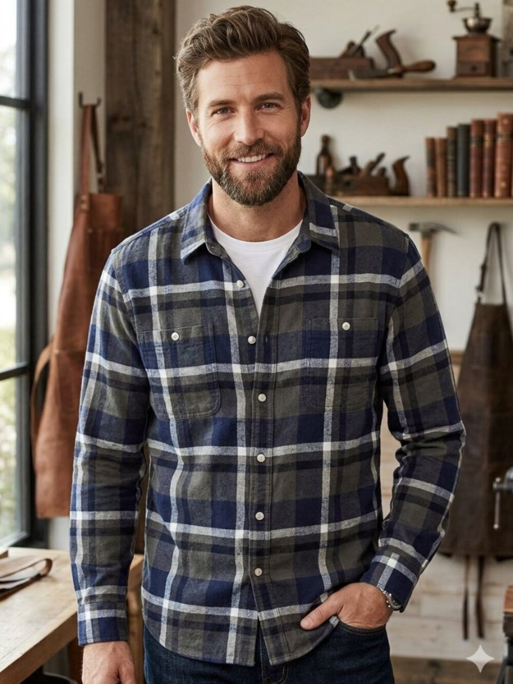 Mens Sonoma Green & Blue Plaid/Checkered Flannel Shirt Size Large